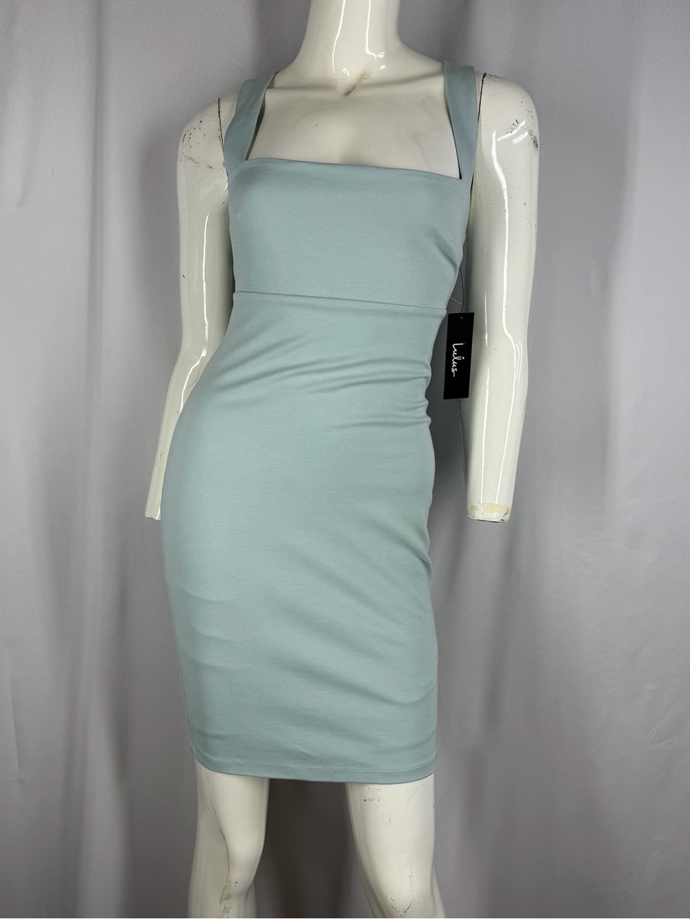 NWT Lulus Light Blue Square Neck Cross-Back Bodycon Mini Dress Medium